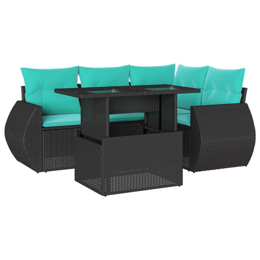 5-teiliges Gartensofa-Set mit Kissen, schwarzes Polyrattan