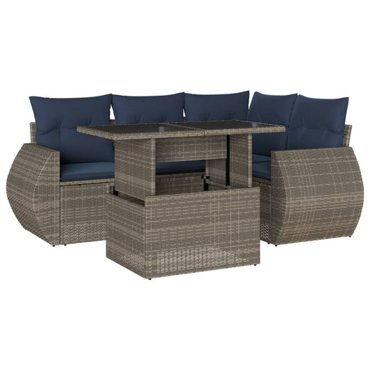 5-teiliges Gartensofa-Set mit Kissen, grau, Polyrattan