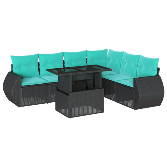 7-teiliges Gartensofa-Set mit Kissen, schwarzes Polyrattan