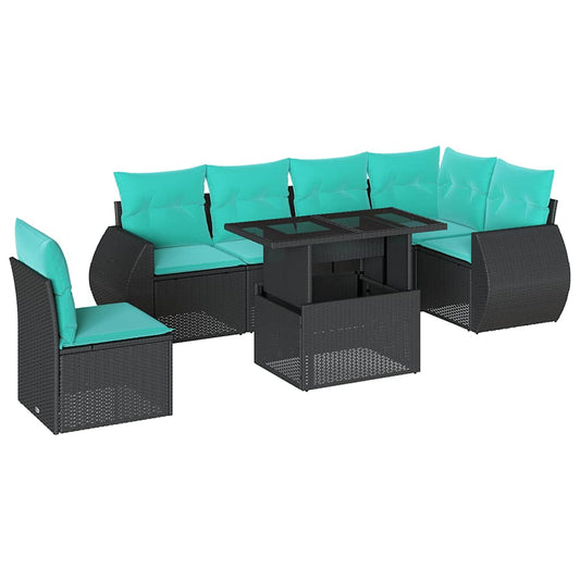 7-teiliges Gartensofa-Set mit Kissen, schwarzes Polyrattan
