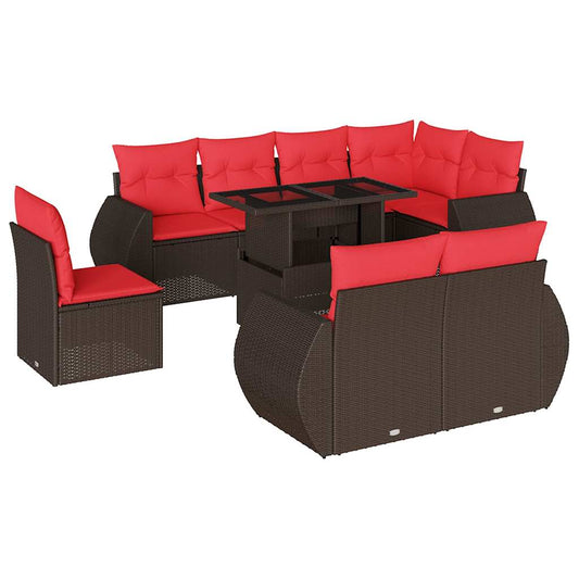 9-teiliges Gartensofa-Set mit Kissen, braun, Polyrattan
