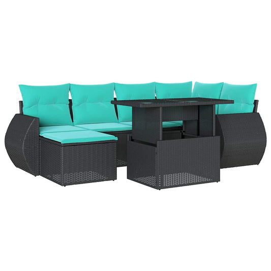 7-teiliges Gartensofa-Set mit Kissen, schwarzes Polyrattan