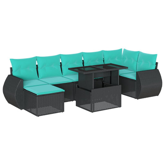 8-teiliges Gartensofa-Set mit Kissen, schwarzes Polyrattan
