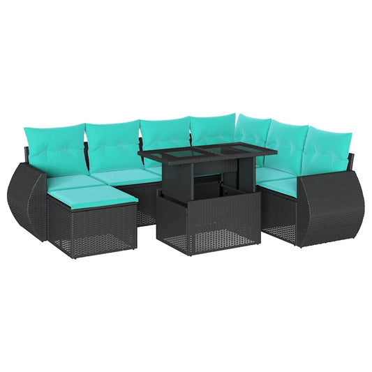 8-teiliges Gartensofa-Set mit Kissen, schwarzes Polyrattan