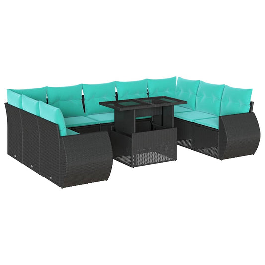 10-teiliges Gartensofa-Set mit Kissen, schwarzes Polyrattan