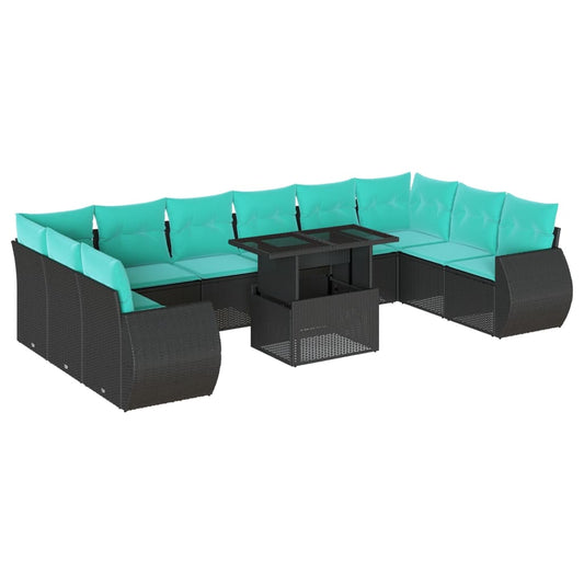 11-teiliges Gartensofa-Set mit Kissen, schwarzes Polyrattan
