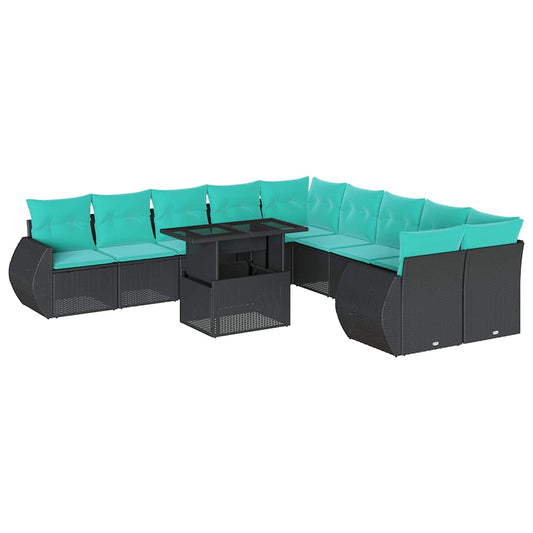 11-teiliges Gartensofa-Set mit Kissen, schwarzes Polyrattan