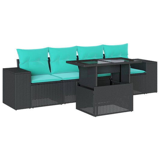 5-teiliges Gartensofa-Set mit Kissen, schwarzes Polyrattan