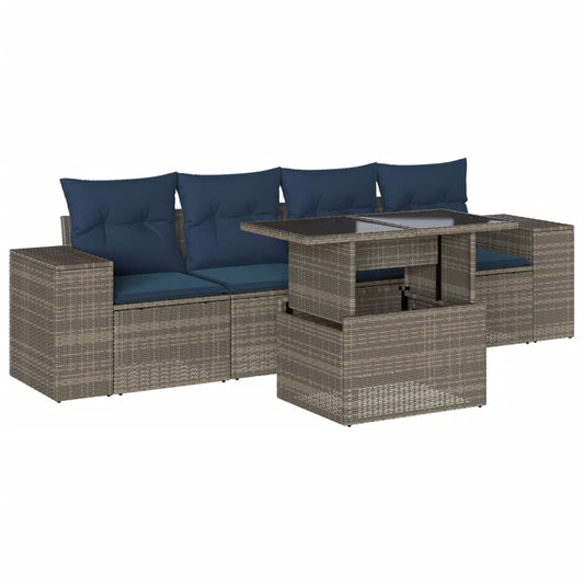 5-teiliges Gartensofa-Set mit Kissen, grau, Polyrattan