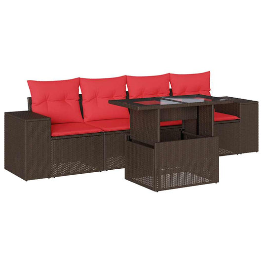 5-teiliges Gartensofa-Set mit Kissen, braun, Polyrattan