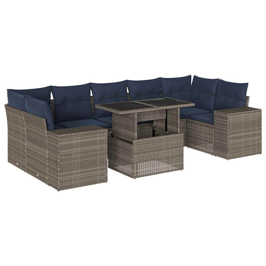 8-teiliges Gartensofa-Set mit Kissen, grau, Polyrattan