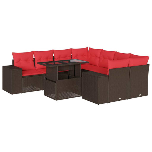 9-teiliges Gartensofa-Set mit Kissen, braun, Polyrattan