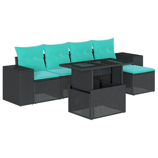 6-teiliges Gartensofa-Set mit Kissen, schwarzes Polyrattan