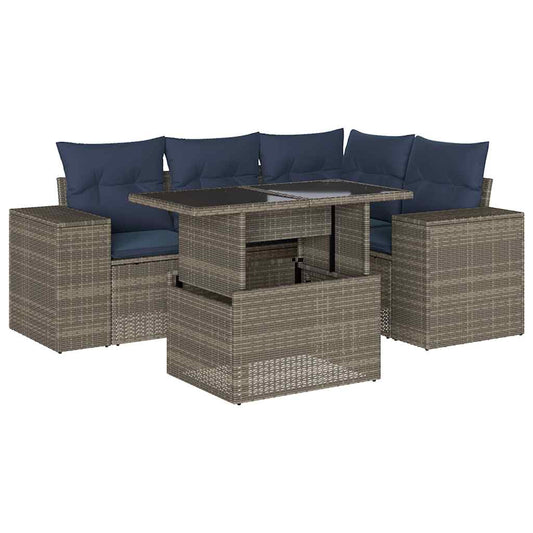 5-teiliges Gartensofa-Set mit Kissen, grau, Polyrattan
