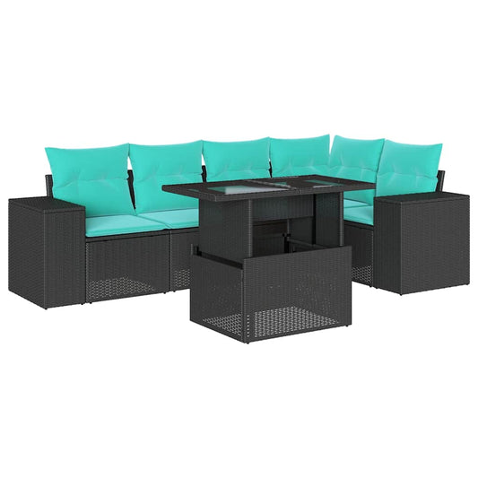 6-teiliges Gartensofa-Set mit Kissen, schwarzes Polyrattan