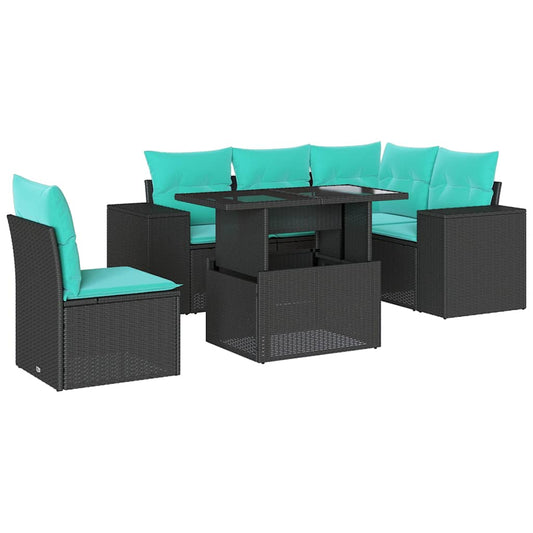 6-teiliges Gartensofa-Set mit Kissen, schwarzes Polyrattan