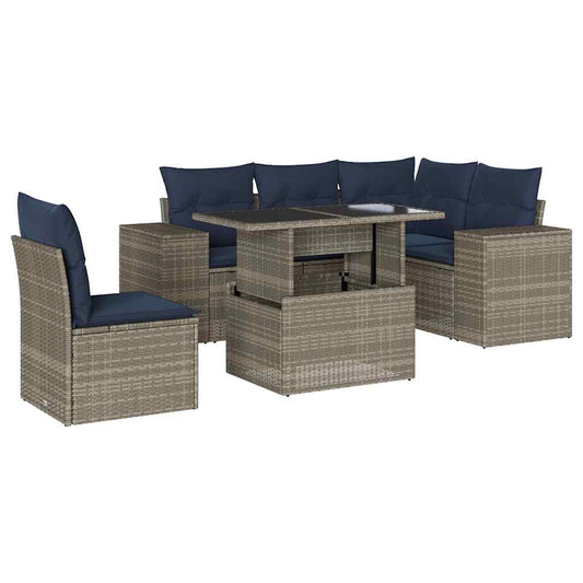 6-teiliges Gartensofa-Set mit Kissen, grau, Polyrattan