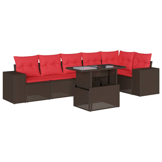 7-teiliges Gartensofa-Set mit Kissen, braun, Polyrattan