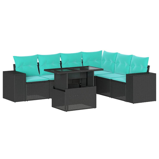 7-teiliges Gartensofa-Set mit Kissen, schwarzes Polyrattan