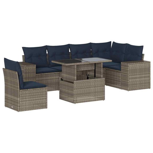 7-teiliges Gartensofa-Set mit Kissen, grau, Polyrattan