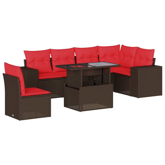 7-teiliges Gartensofa-Set mit Kissen, braun, Polyrattan