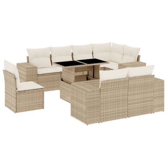9-tlg. Garten-Sofagarnitur mit Kissen Beige Poly Rattan