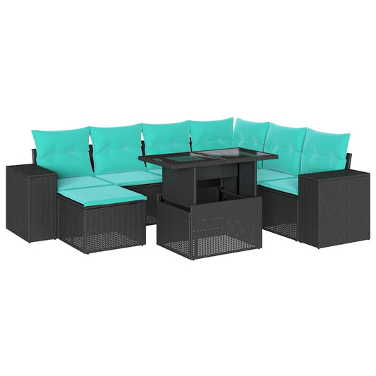 8-teiliges Gartensofa-Set mit Kissen, schwarzes Polyrattan