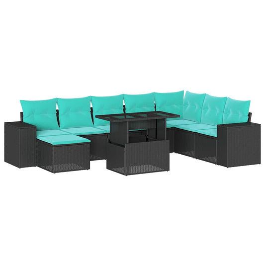9-teiliges Gartensofa-Set mit Kissen, schwarzes Polyrattan