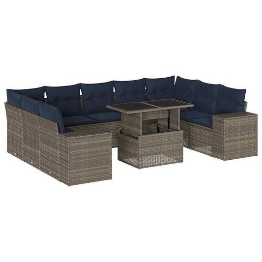 10-teiliges Gartensofa-Set mit Kissen, grau, Polyrattan