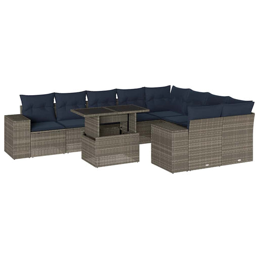 10-teiliges Gartensofa-Set mit Kissen, grau, Polyrattan