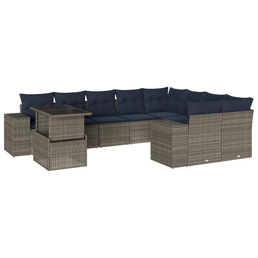 10-teiliges Gartensofa-Set mit Kissen, grau, Polyrattan