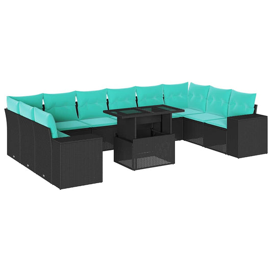 11-teiliges Gartensofa-Set mit Kissen, schwarzes Polyrattan