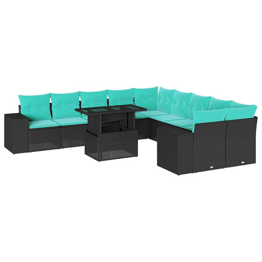 11-teiliges Gartensofa-Set mit Kissen, schwarzes Polyrattan
