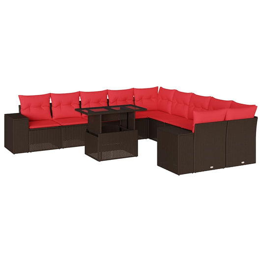 11-teiliges Gartensofa-Set mit Kissen, braun, Polyrattan
