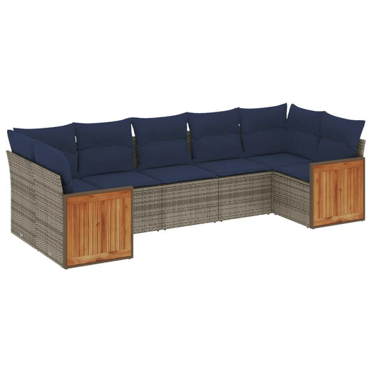 7-tlg. Garten-Sofagarnitur mit Kissen Grau Poly Rattan