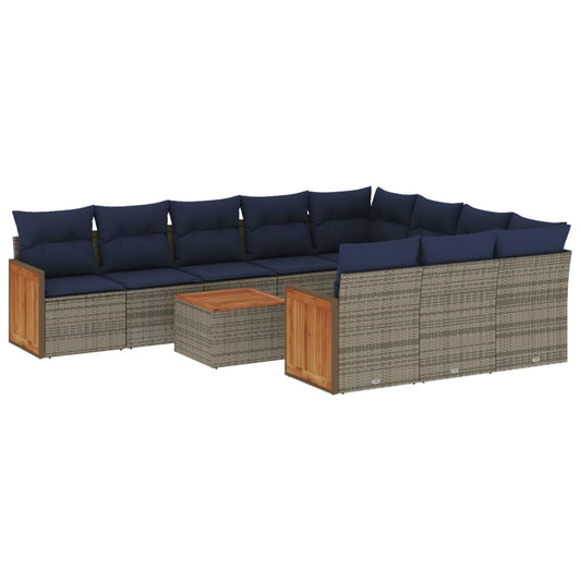11-tlg. Garten-Sofagarnitur mit Kissen Grau Poly Rattan