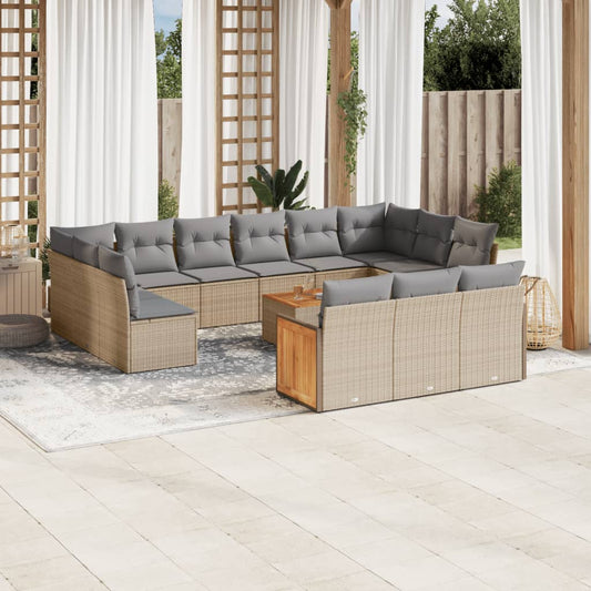 14-tlg. Garten-Sofagarnitur mit Kissen Beige Poly Rattan