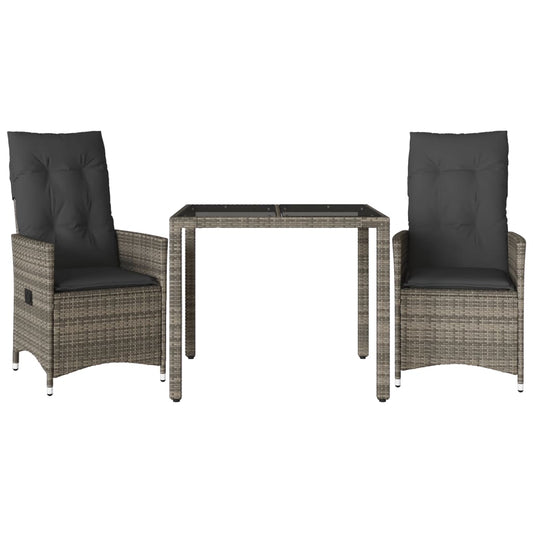 3-tlg. Bistro-Set mit Kissen Grau Poly Rattan