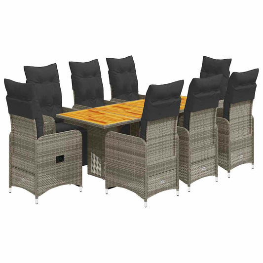 9-tlg. Garten-Bistro-Set mit Kissen Grau Poly Rattan