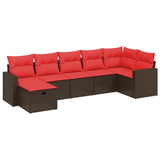 7-tlg. Garten-Sofagarnitur mit Kissen Braun Poly Rattan
