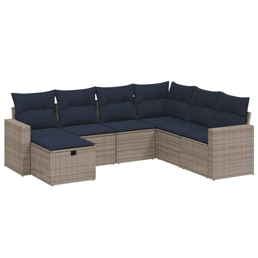 7-tlg. Garten-Sofagarnitur mit Kissen Grau Poly Rattan