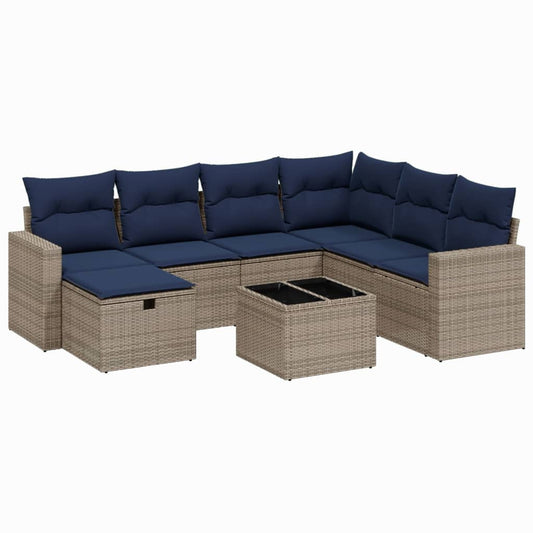 8-tlg. Garten-Sofagarnitur mit Kissen Grau Poly Rattan