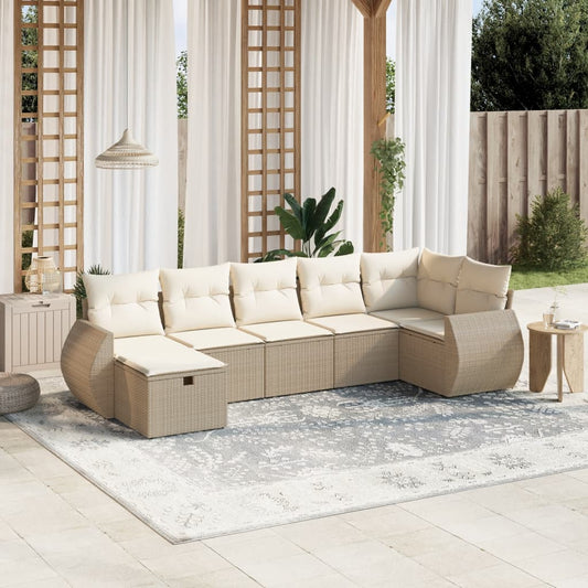 7-tlg. Garten-Sofagarnitur mit Kissen Beige Poly Rattan