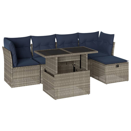 6-teiliges Gartensofa-Set mit Kissen, grau, Polyrattan