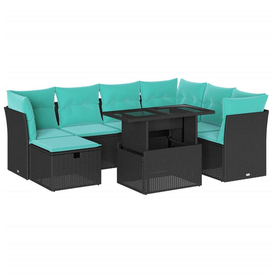 8-teiliges Gartensofa-Set mit Kissen, schwarzes Polyrattan