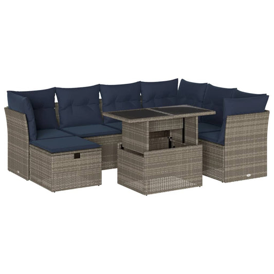 8-teiliges Gartensofa-Set mit Kissen, grau, Polyrattan