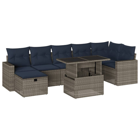 8-teiliges Gartensofa-Set mit Kissen, grau, Polyrattan