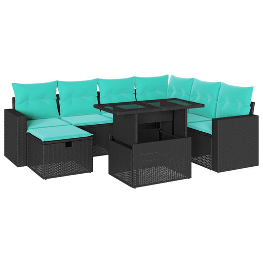 8-teiliges Gartensofa-Set mit Kissen, schwarzes Polyrattan