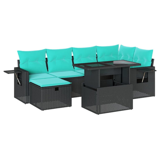 7-teiliges Gartensofa-Set mit Kissen, schwarzes Polyrattan