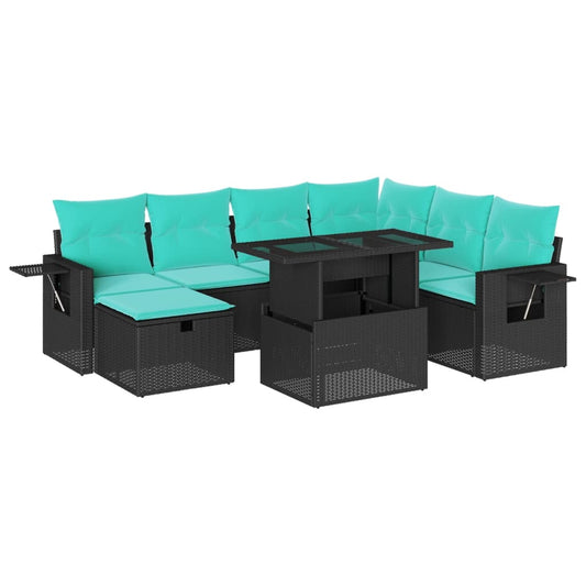 8-teiliges Gartensofa-Set mit Kissen, schwarzes Polyrattan